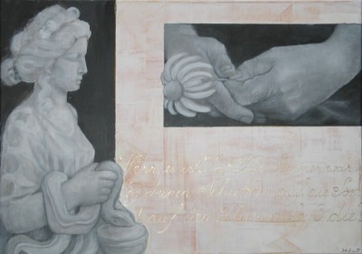 Eine weibliche Figur in Schwarz-Weiss und ein Paar alte Hände die eine Sonnenhutblüte halten vor einem Hintergrund aus 
      goldenen Zeilen aus einem Gedicht von Rilke 